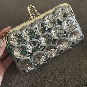 CHRISTIAN LOUBOUTIN Carillon Silver Satin & Sequin Shoe Kisslock Clutch